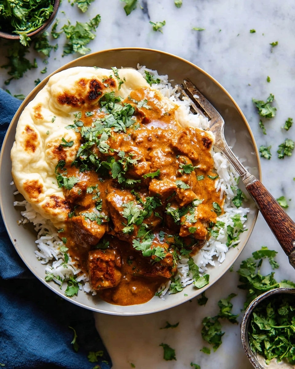 A white bowl holds a layered Indian meal consisting of a soft, folded, slightly charred flatbread on the bottom left, next to a fluffy mound of white rice in the center right. On top of the rice, there is a thick, creamy orange-brown sauce coating tender chicken pieces, garnished with chopped fresh green cilantro spread over the dish. Beside the curry, on the right side of the bowl, there is a vintage silver fork and a wooden spoon placed on the rice. The bowl rests on a white marbled surface with some scattered chopped cilantro pieces nearby. photo taken with an iphone --ar 4:5 --v 7