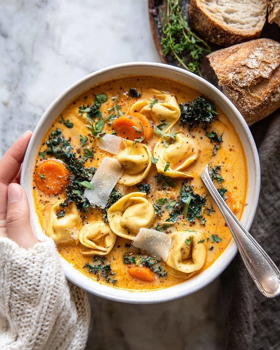A white bowl filled with a creamy orange soup containing dark green kale leaves, orange carrot slices, and yellow tortellini pasta. On top, there are thin white cheese shavings and small green herb sprigs scattered. A silver spoon rests inside the bowl on the right side. A woman's hand in a cream knit sweater holds the bowl from the left side. A piece of crusty bread is placed on the white marbled surface near the bowl, which has a rustic look. photo taken with an iphone --ar 4:5 --v 7