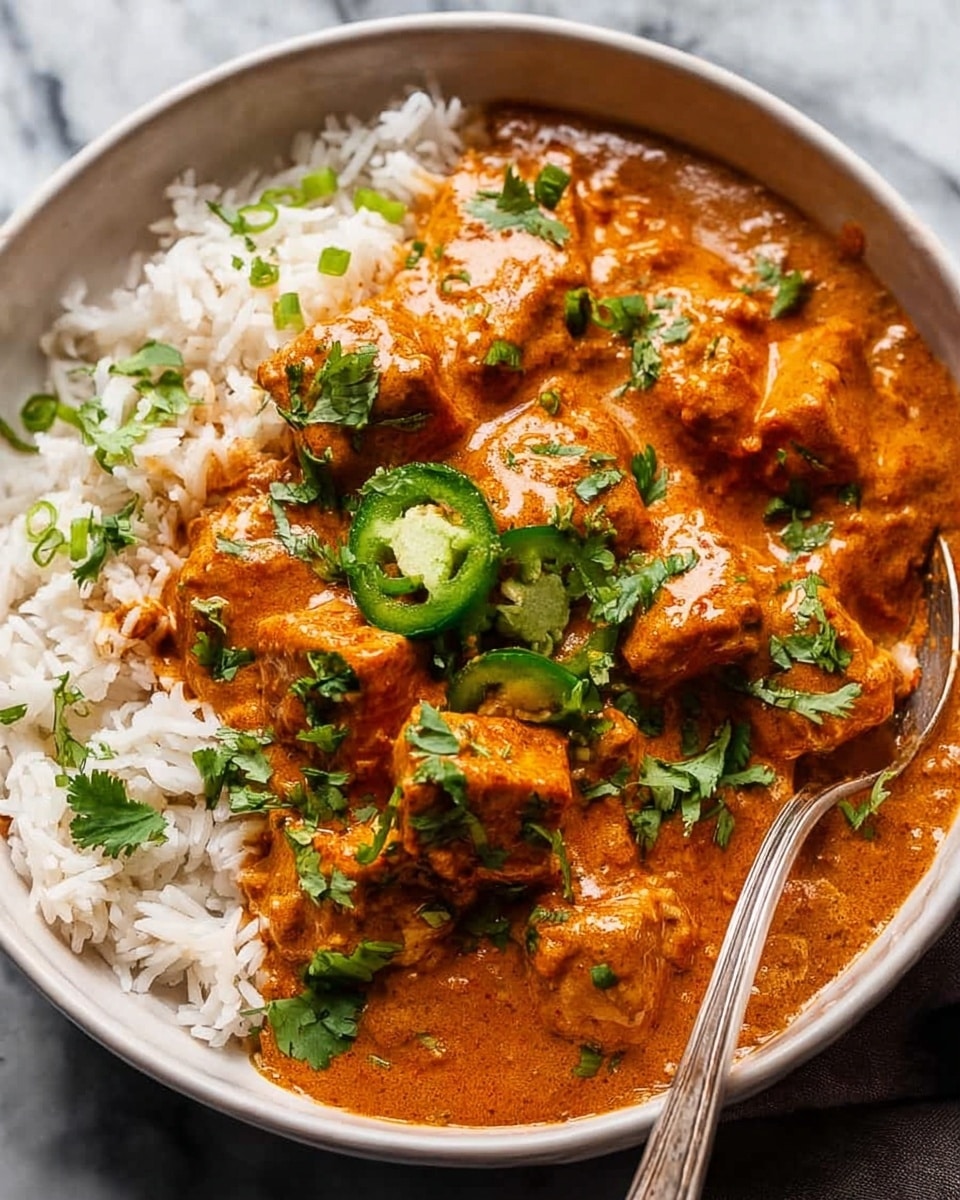 The image shows a white bowl filled with steamed white rice as the bottom layer, with soft, fluffy grains. On top of the rice is a thick layer of creamy orange curry sauce with chunks of tender chicken. The curry is richly textured and glistening, with small bits of herbs mixed in. Bright green slices of fresh chili and chopped cilantro leaves scatter across the curry, adding vibrant color and freshness. A silver spoon rests on the right side of the bowl, partially dipped into the curry. The bowl is placed on a white marbled surface. photo taken with an iphone --ar 4:5 --v 7
