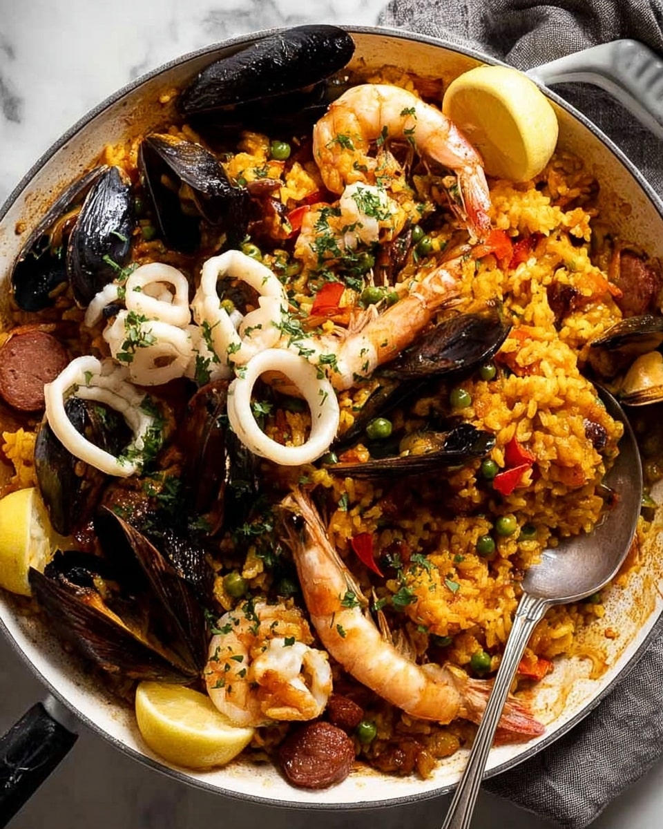A white pan filled with layered seafood paella sits on a white marbled surface. The bottom layer is a mix of orange-yellow rice with pieces of red bell pepper and small green peas mixed throughout, giving a textured, slightly moist look. Scattered on top are dark brown slices of sausage with a slightly crispy edge. Layered above the rice are white rings of squid with a smooth, shiny texture. On top of the squid sit several whole cooked shrimp with pink shells, darker eyes, and long antennae, sprinkled with finely chopped green herbs. Black mussels with shiny shells are placed around the shrimp. Lemon wedges are tucked around the edges of the pan, adding a fresh yellow contrast. A metal spoon rests in the side of the pan, partially covered with rice. photo taken with an iphone --ar 4:5 --v 7