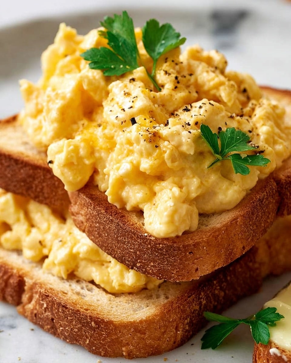 The image shows two thick, soft slices of brown bread stacked on top of each other with a generous layer of creamy, yellow scrambled eggs on the top slice. The eggs have a smooth, slightly glossy texture with specks of black pepper scattered on them. A small green parsley leaf adds a fresh pop of color near the eggs. To the right, there is a half slice of bread with a visible spread of butter. Some scrambled eggs have spilled onto the white plate beneath the bread, contrasting with the white marbled surface. The photo is close up, capturing the soft texture of both the bread crust and the fluffy eggs. Photo taken with an iphone --ar 4:5 --v 7