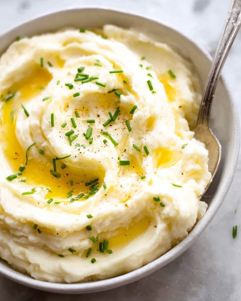 A close-up of a bowl filled with creamy mashed potatoes showing smooth, fluffy texture. There are three visible surfaces of melted golden butter pooled on top in small swirls. Tiny pieces of fresh green chives are scattered evenly over the top layer with a light dusting of black pepper. A silver spoon is partially scooping into the mash near the center, its shiny surface reflecting light. The bowl is white and round, sitting on a white marbled background, giving a clean and fresh feel to the image. photo taken with an iphone --ar 4:5 --v 7