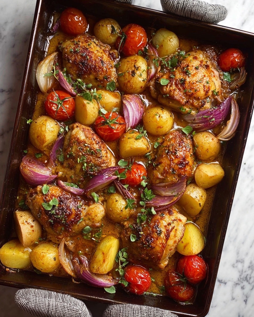 The image shows a black baking tray filled with roasted chicken thighs and drumsticks, browned and seasoned with black pepper, scattered evenly in the tray. Around the chicken, there are several quartered yellowish-red potato pieces with a firm texture, roasted red onion wedges with a soft inner layer, and whole roasted cherry tomatoes with slightly wrinkled skin. Small green herb leaves are scattered across the top for garnish. The dish appears juicy with visible cooking juices pooled at the bottom, enhancing the moist look of the ingredients. The scene includes two oven mitts holding the tray on each side, all set on a white marbled textured surface. Photo taken with an iphone --ar 4:5 --v 7