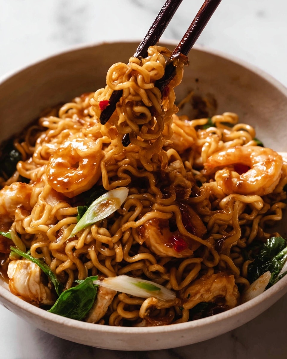 A close-up of a dark bowl filled with three layers: the bottom layer has cooked noodles that are light brown and shiny, the middle layer includes bright green leafy vegetables and slices of light yellow egg, and the top layer shows plump, glossy shrimp with a reddish sauce on them, all mixed together. A pair of dark brown chopsticks is lifting some noodles and vegetables above the bowl. The background is a white marbled texture. photo taken with an iphone --ar 4:5 --v 7