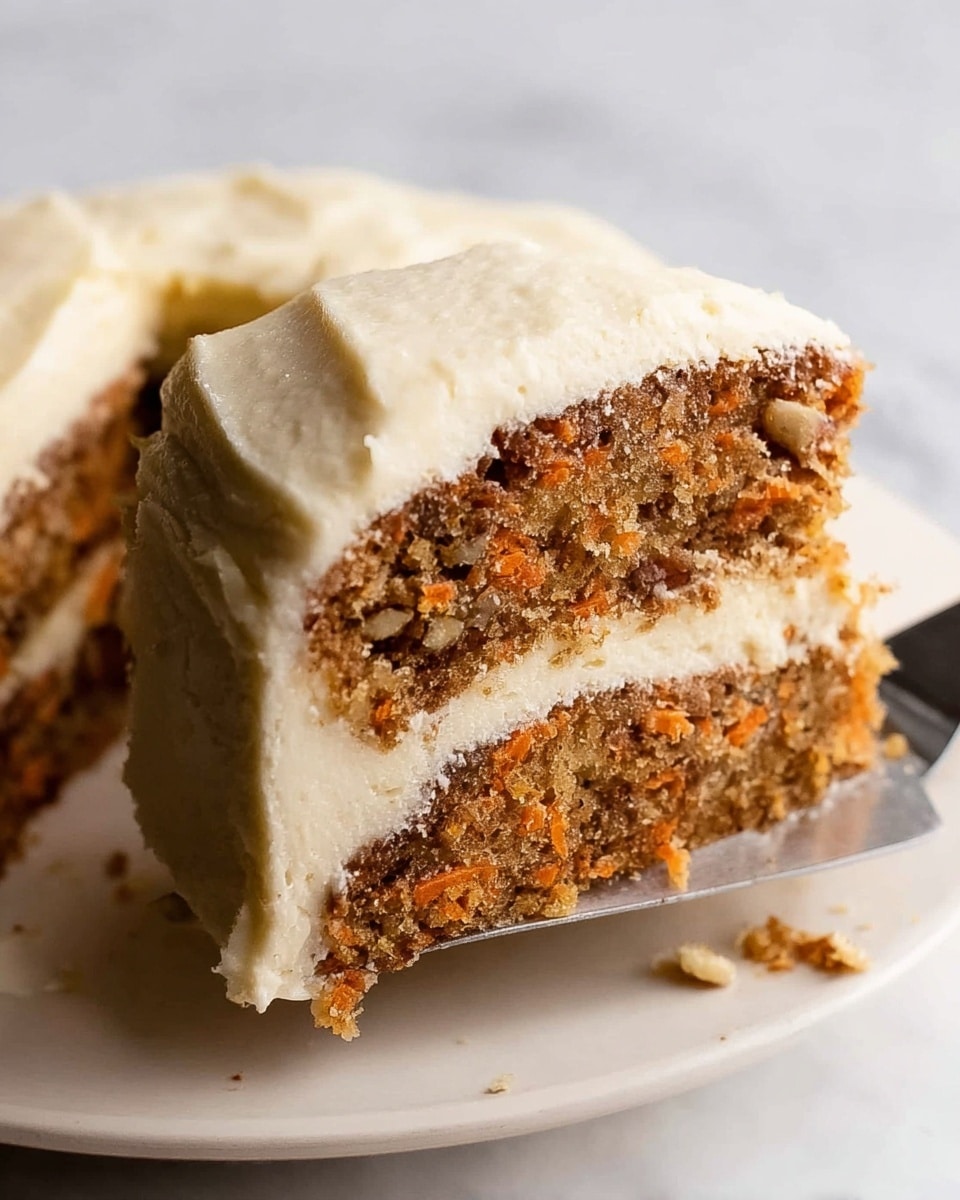 A close-up image of a two-layer carrot cake slice on a white plate, with thick creamy white frosting covering the top and sides. The inner cake layers are light brown with visible orange carrot shreds and a slightly crumbly texture, separated by a layer of smooth white frosting. The frosting on the outer surface is evenly spread and slightly thick, showing a soft texture with gentle swirls. The background is a white marbled surface, creating a clean and simple setting. Photo taken with an iphone --ar 4:5 --v 7