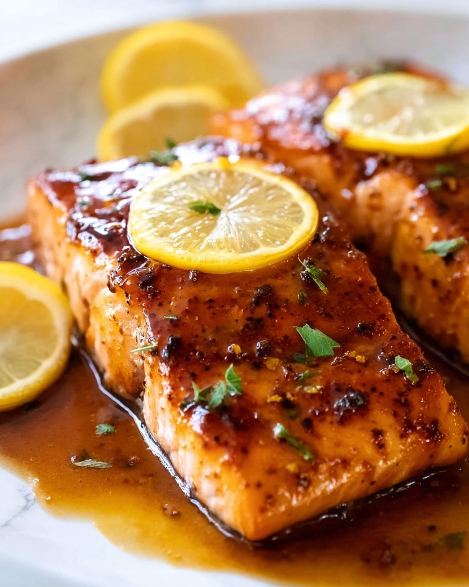 The image shows two grilled salmon fillets with a shiny, dark brown glaze on top, giving a slightly caramelized look with small specks of herbs scattered over them. The salmon is placed in a shallow pool of sauce with a rich, glossy texture and deep brown color. Around the fillets, there are three lemon wedges with bright yellow rinds and pale juicy flesh that add a fresh touch. All the food is arranged on a white plate set on a white marbled surface. photo taken with an iphone --ar 4:5 --v 7
