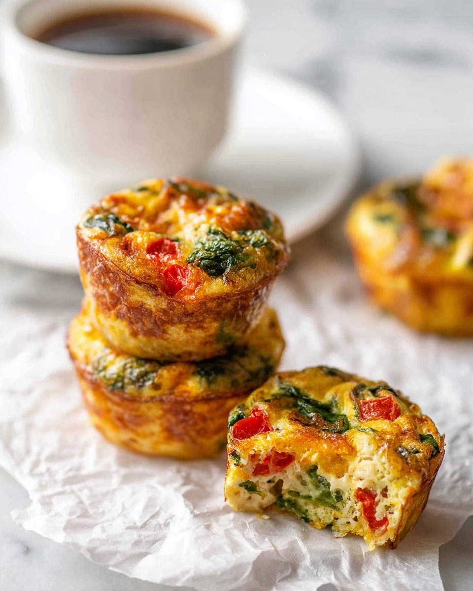 The image shows three mini egg muffins stacked on white parchment paper on a white marbled surface. Each muffin has a golden brown crust with visible pieces of red bell peppers, green spinach, and melted cheese inside. One muffin is lying on its side, showing its inside filled with colorful vegetables and cheese, while two muffins are stacked on top of each other, highlighting their round shape and slightly crispy outer layer. In the background, there is a white cup filled with dark coffee sitting on a white saucer. photo taken with an iphone --ar 4:5 --v 7