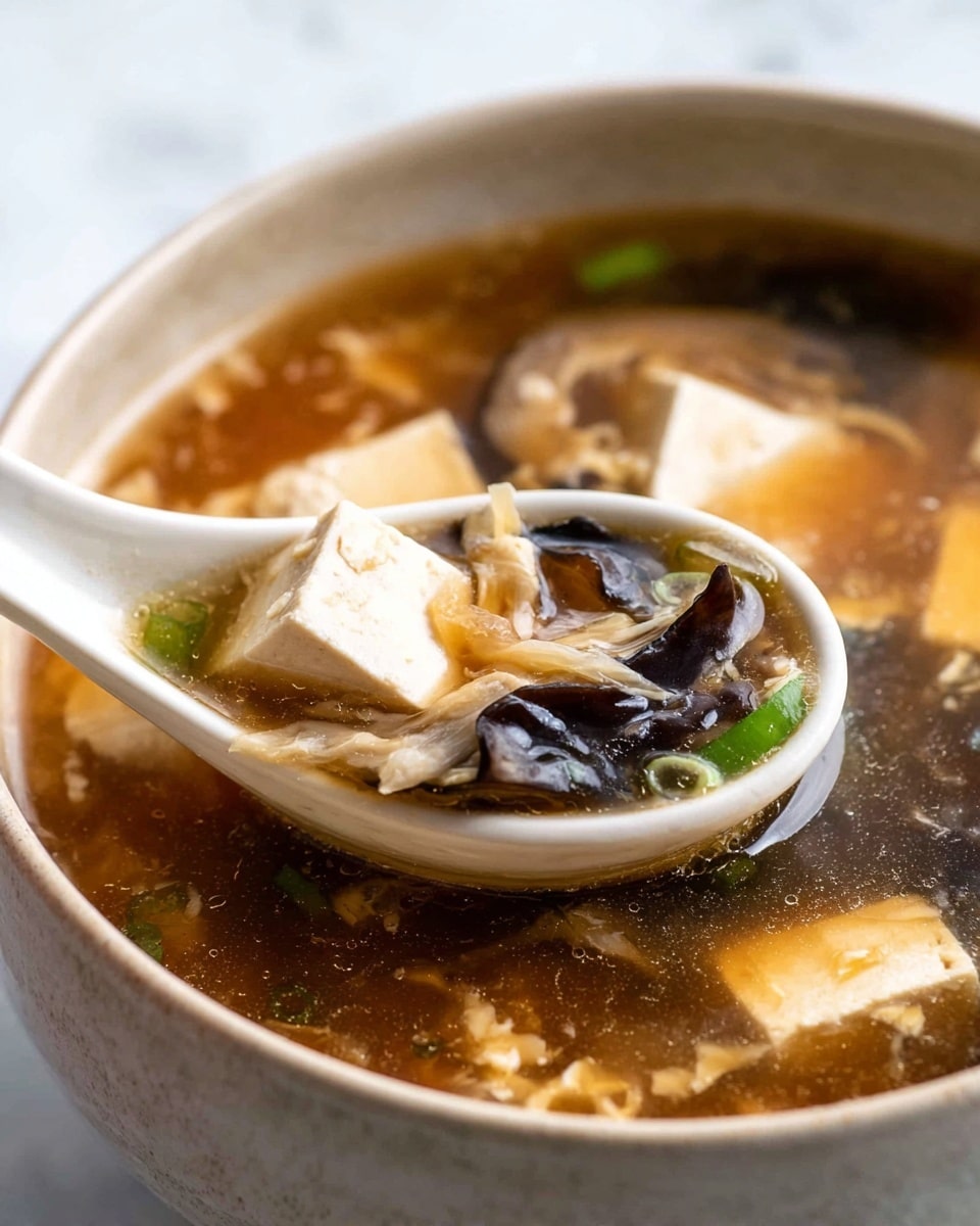 A close-up view of a white bowl filled with hot soup featuring a clear, glossy brown broth as the base layer. Floating in the broth are soft white tofu cubes, thin slices of light brown mushrooms, small pieces of dark black fungus, and bits of green onion scattered on top. A white spoon rests inside the bowl, scooping a mix of these ingredients, showing the layers and textures clearly. The scene is set against a white marbled surface. Photo taken with an iphone --ar 4:5 --v 7
