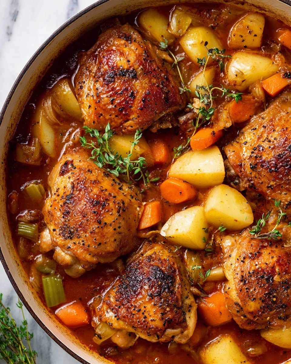 A close-up of a white pot filled with four browned chicken thighs on top, each with a crispy, golden skin sprinkled with black pepper and fresh green herbs. Beneath the chicken, there is a rich-looking orange-red sauce mixed with chunky, soft vegetables including bright orange carrots, pale yellow potatoes, and green celery. Small green sprigs of fresh thyme are scattered throughout, and a dark bay leaf is visible near the bottom center. The pot sits on a white marbled texture, highlighting the warm colors of the stew. photo taken with an iphone --ar 4:5 --v 7