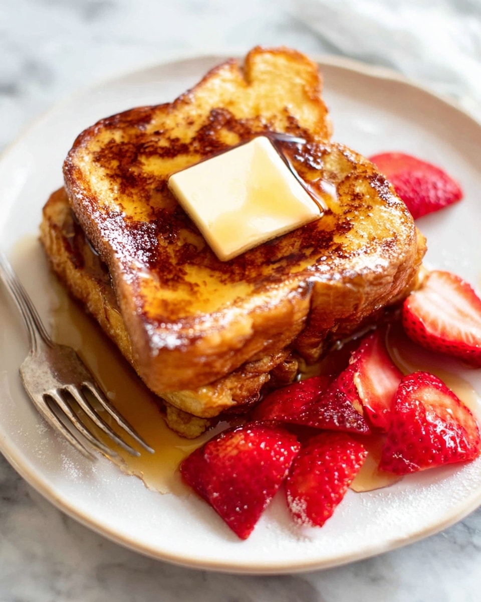 A stack of two thick, golden-brown French toast slices sits at the center of a white plate with a slightly raised rim. The top slice has a melting square of pale yellow butter in the middle, surrounded by a glossy layer of syrup that drips slightly down the sides. To the right side of the toast stack, bright red strawberry halves with visible seeds are placed, and more strawberry pieces lay scattered around the plate. A silver fork rests at the bottom left corner on the plate, with some syrup pooling near its prongs. The entire scene is set on a white marbled surface. Photo taken with an iphone --ar 4:5 --v 7