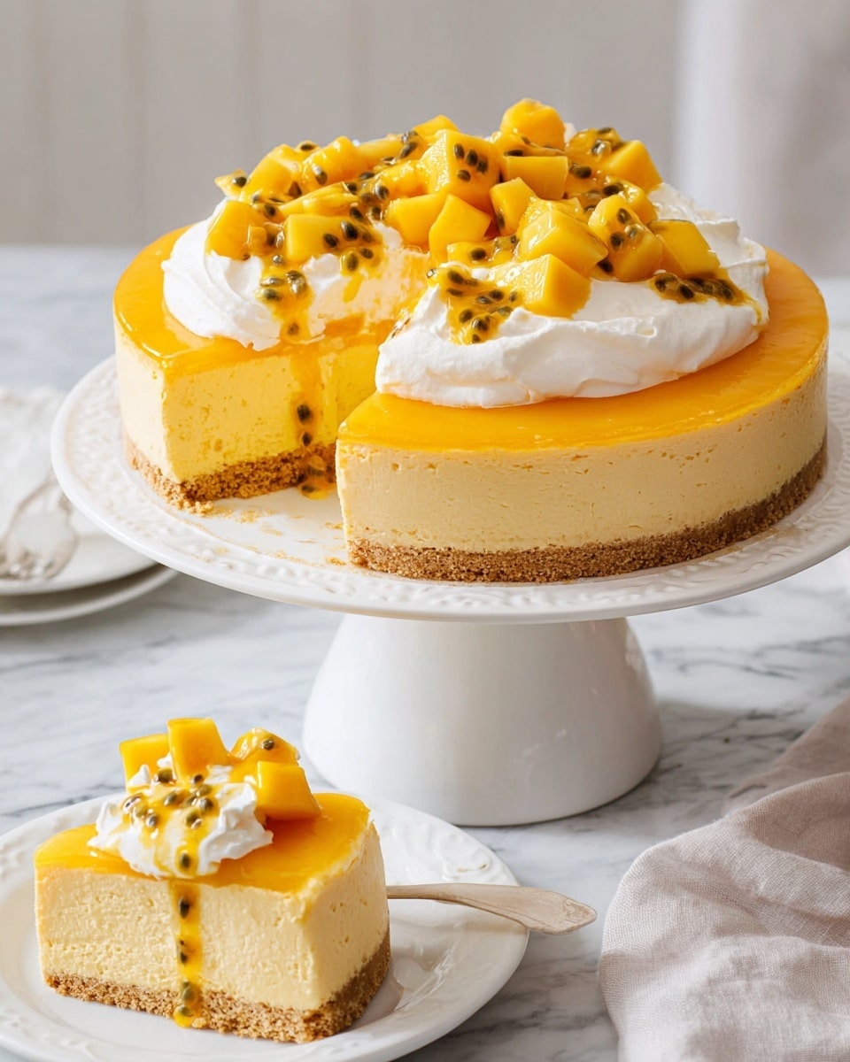 A round three-layer cheesecake is shown on a white cake stand with a slice missing; the bottom layer is a light brown crumbly crust, the middle layer is a thick creamy pale yellow cheesecake, and the top layer is a smooth, bright orange glaze. On top, there is a generous layer of white whipped cream with soft folds, crowned by fresh diced mango pieces mixed with passion fruit seeds and juice, all placed in the center. The cake stands on a table covered in a white marbled texture. A white plate with a slice of the cheesecake is partially visible with the same toppings. Photo taken with an iphone --ar 4:5 --v 7