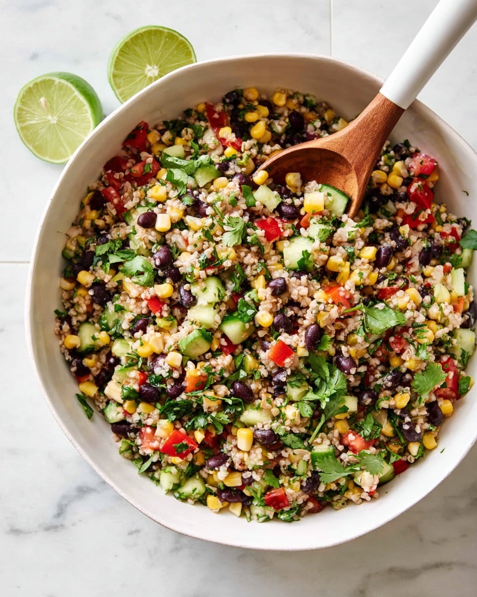 A white bowl filled with a colorful mixed salad featuring small grains as the base, with visible layers of black beans, yellow corn kernels, chopped red bell peppers, green cucumber pieces, and fresh cilantro leaves scattered throughout. The texture shows a mix of soft grains and crunchy vegetables, with some finely chopped red onions adding pops of purple color. A wooden spoon with a white handle rests inside the bowl on top of the salad, and a halved lime sits on the white marbled texture surface beside the bowl. photo taken with an iphone --ar 4:5 --v 7