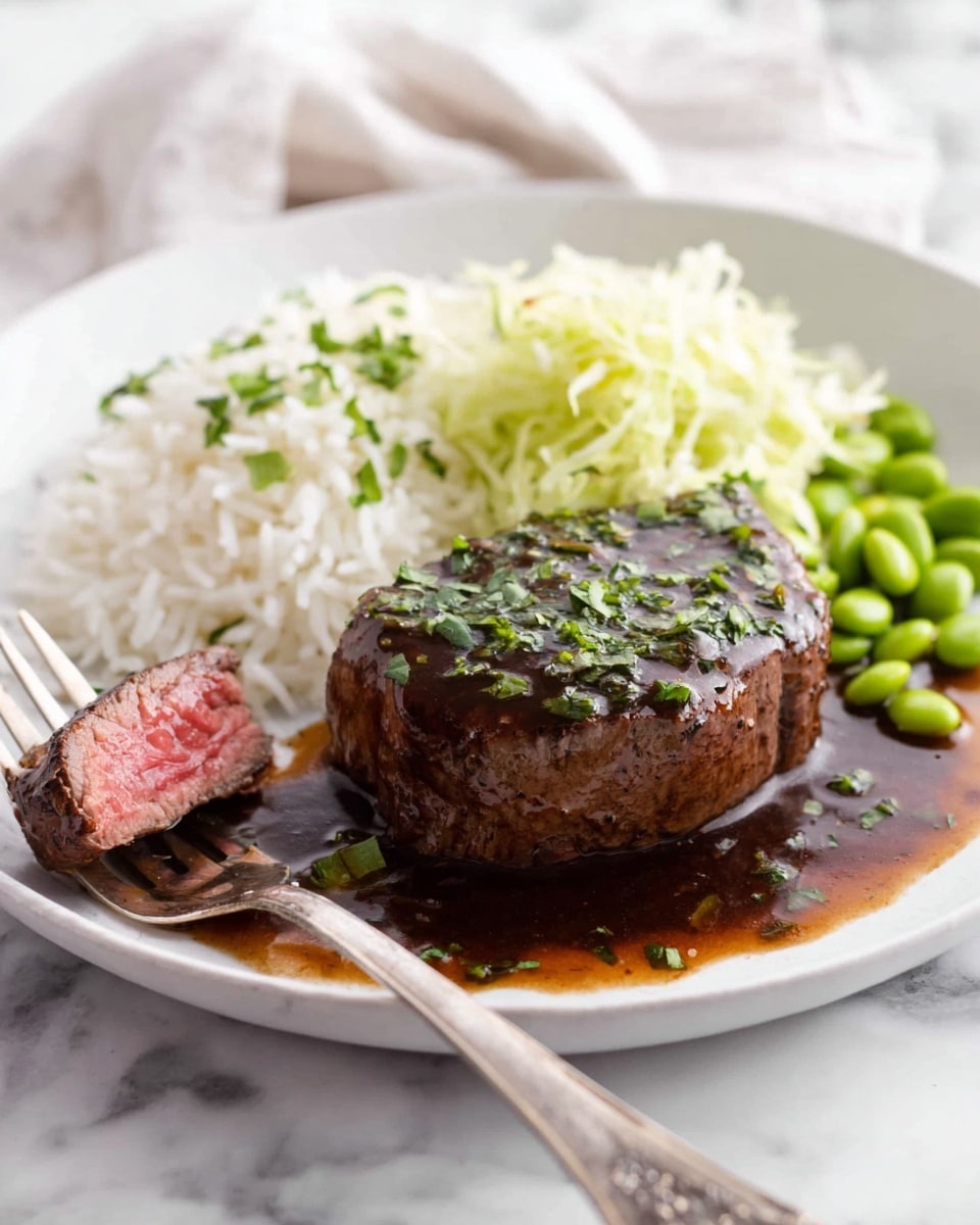 A white plate holds a juicy piece of medium-rare steak, topped with a dark brown sauce sprinkled with chopped green herbs. The steak sits in a pool of the same sauce, with a fork cutting a small slice from it. On the right side of the plate, there is a neat pile of white rice mixed with a few green edamame beans and a small heap of finely shredded white cabbage. The whole scene is set on a white marbled surface with soft natural lighting, enhancing the colors and textures. photo taken with an iphone --ar 4:5 --v 7