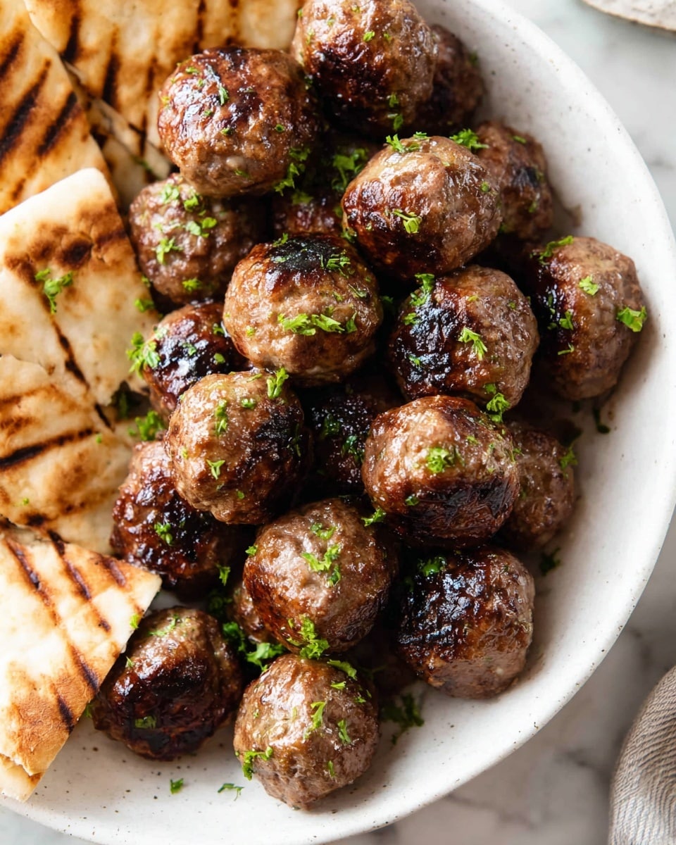 A light beige shallow bowl filled with many small round brown meatballs, slightly charred on top and sprinkled with bright green chopped herbs, resting on a white marbled surface. To the left side near the bowl are a few pieces of torn pita bread with a golden toasted texture. The meatballs have a shiny, juicy surface showing a textured, cooked meat interior. photo taken with an iphone --ar 4:5 --v 7