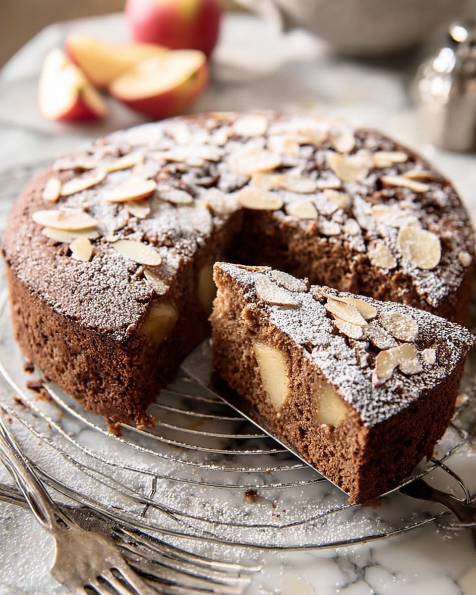 A single-layer round whole cake with a soft brown color and a slightly rough texture on the sides sits on a round wire rack. A slice is cut out and held on a silver spatula, showing a moist inside with small light yellow pieces, likely fruit, scattered throughout. The cake top is sprinkled with powdered sugar and thin almond slices. There are vintage silver forks lying on a white marbled surface near the cake, and a red apple slice is partially visible in the foreground. Photo taken with an iphone --ar 4:5 --v 7