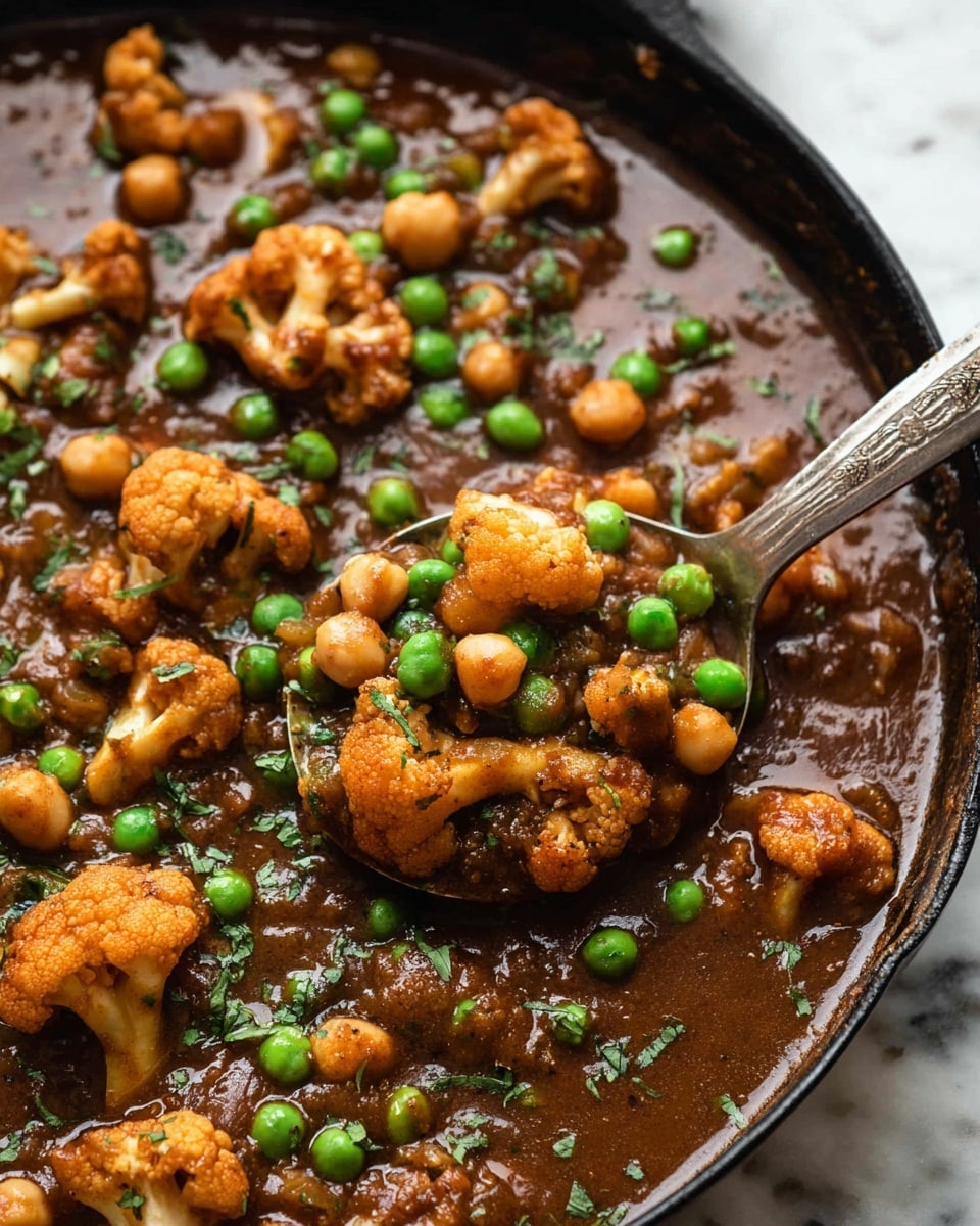 The image shows a close-up view of a thick stew in a black cast iron pan. The stew has a rich brown sauce filled with chunks of orange cauliflower, beige chickpeas, and bright green peas, all mixed together in a textured, hearty mix. Small green herb pieces are sprinkled on top, adding fresh color contrast. A silver ladle is partly dipped into the stew on the right side of the pan, ready to serve. The background features a worn wooden surface with some white and brown peeled paint visible, creating a rustic setting. photo taken with an iphone --ar 4:5 --v 7