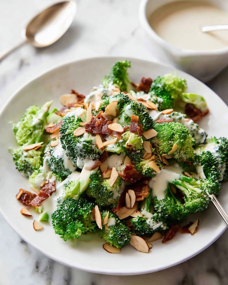 A white plate is filled with fresh broccoli florets as the base layer, bright green and slightly textured. On top of the broccoli, there are small pieces of cooked, browned bacon, adding a rich, crispy texture. Scattered around and on top are light tan almond slices, providing a thin, flaky layer. The entire dish is lightly drizzled with a creamy white sauce that adds a smooth contrast to the green and brown ingredients. In the background, a white bowl with more creamy sauce and a spoon sits on a white marbled surface. photo taken with an iphone --ar 4:5 --v 7