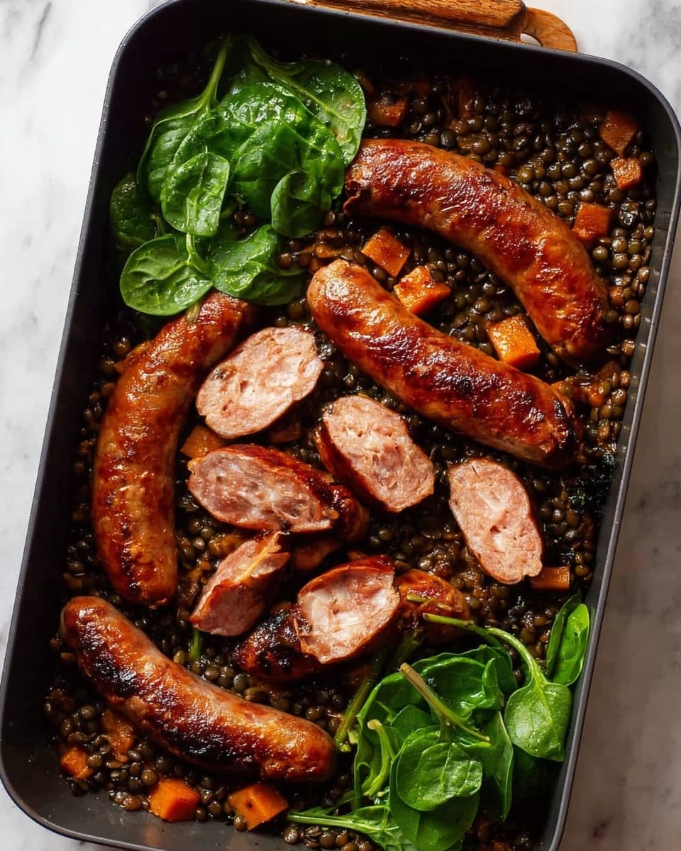 A black baking tray filled with cooked lentils mixed with small diced orange carrots, scattered throughout the dish. On top and mixed in are several browned sausages with a shiny, golden skin, some whole and some sliced to show a juicy, pink interior. In the bottom left corner of the tray, fresh green spinach leaves add color contrast. The tray is set on a white marbled surface. photo taken with an iphone --ar 4:5 --v 7