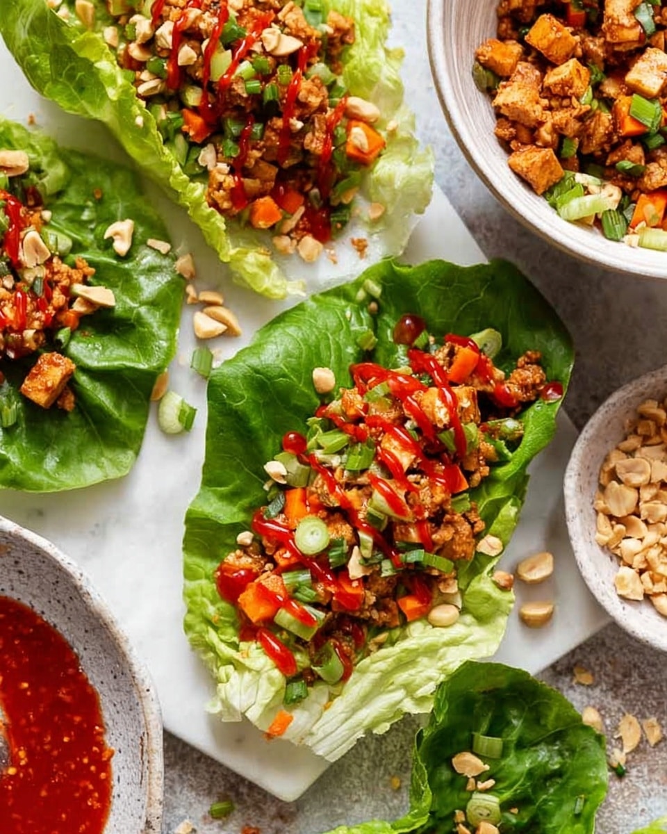 The image shows fresh green lettuce leaves used as cups, each filled with three layers: a bottom layer of cooked ground tofu mixed with small diced green and orange vegetables, a middle layer of bright red sauce drizzled across the tofu mixture, and a top layer sprinkled with chopped green onions and crushed peanuts. The lettuce cups rest on a white marbled surface next to a white bowl containing more tofu and vegetable mixture, with a silver spoon partially submerged. Nearby, a small white bowl holds extra crushed peanuts. Photo taken with an iphone --ar 4:5 --v 7
