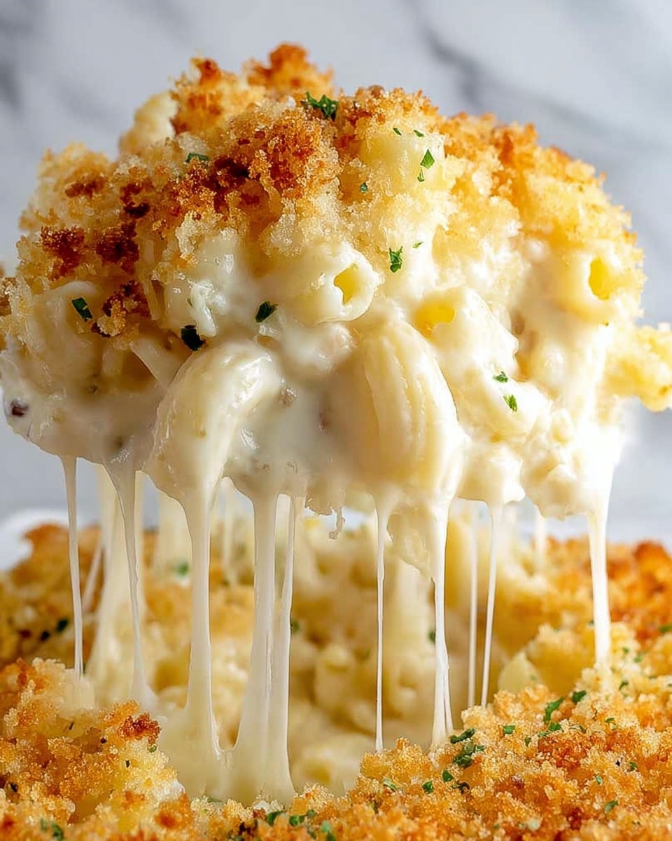 A close-up of a gooey macaroni and cheese slice being lifted, showing three layers: the top layer is golden brown crispy breadcrumbs with small green herb bits, beneath it a thick white melted cheese sauce that stretches in long strings as the slice is pulled up, and a dense layer of cooked small macaroni noodles fully coated in creamy white cheese sauce. The entire dish sits on a white marbled surface. photo taken with an iphone --ar 4:5 --v 7