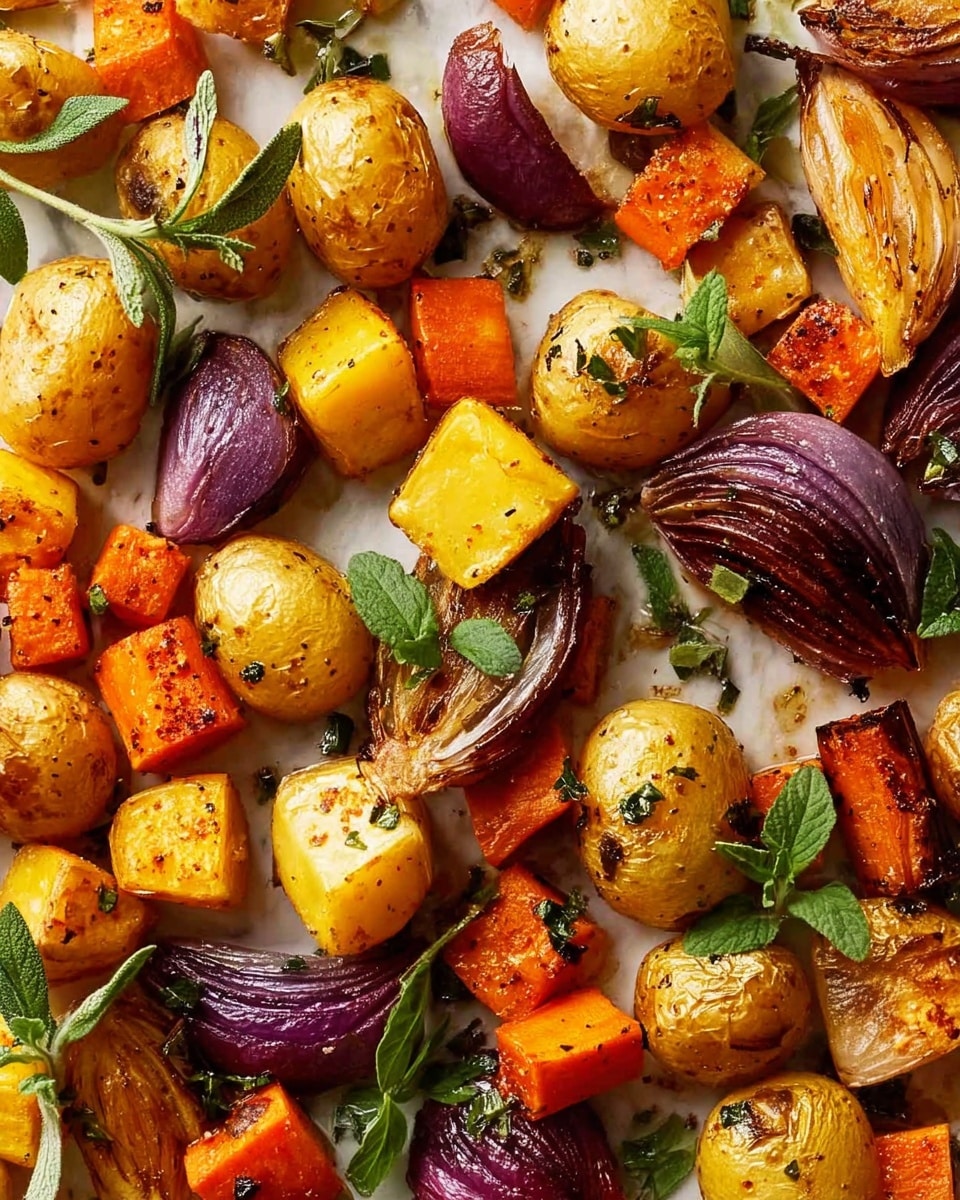A close-up view of a mix of roasted vegetables spread out on a white marbled surface, showing about three layers of ingredients overlapping. The base layer consists of golden-yellow roasted baby potatoes with slightly wrinkled skin and hints of herbs, scattered throughout the image. Mixed above are chunks of orange sweet potatoes with a crisp, browned outer layer. Interspersed are pieces of red onion, showing a deep purple color with slightly charred edges and a soft texture. Small sprigs of green herbs like thyme and sage leaves are spread on top, adding a fresh touch and some green contrast. The overall scene looks warm and appetizing with a mix of textures from crispy edges to soft insides. Photo taken with an iphone --ar 4:5 --v 7