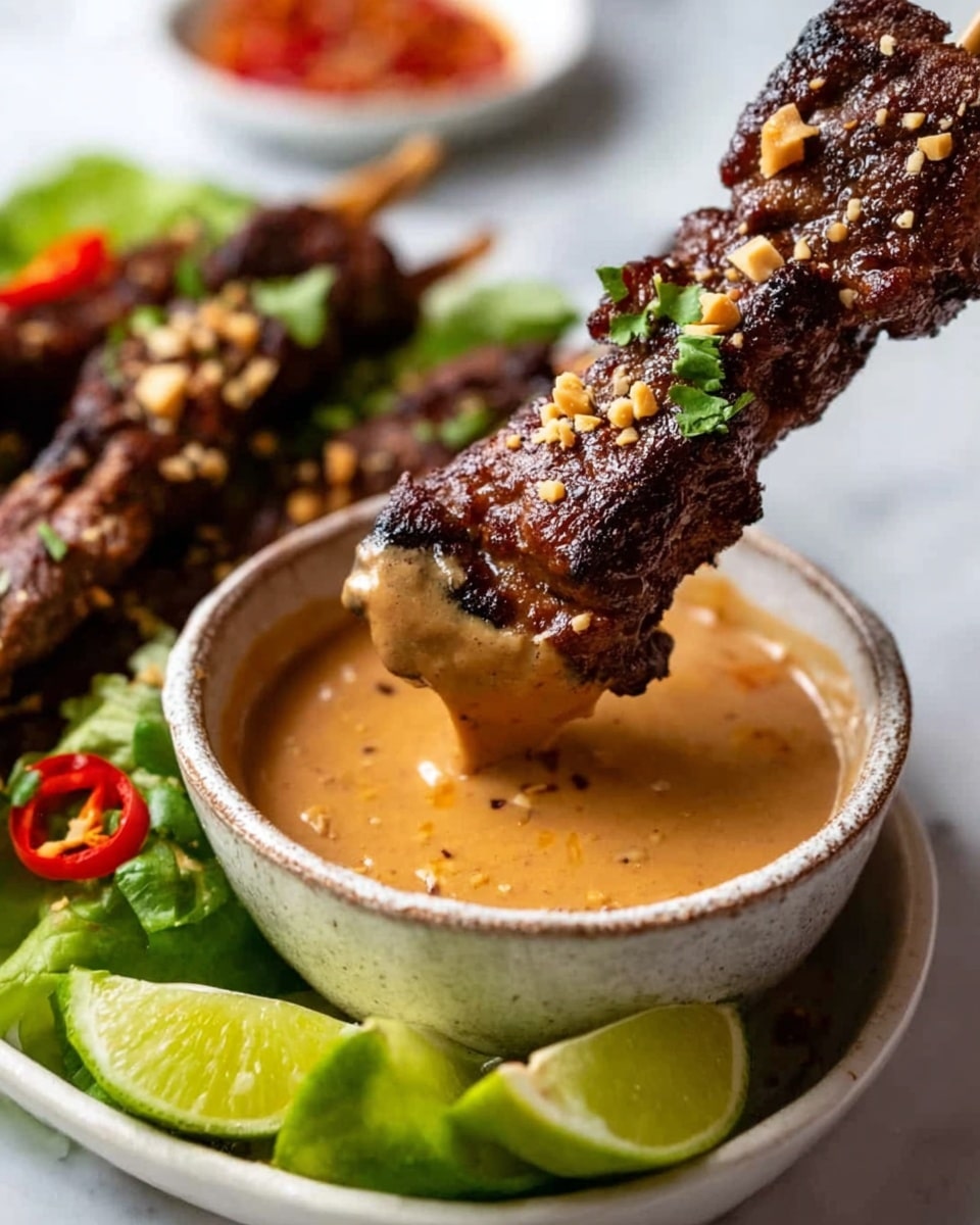 Two wooden skewers each hold three dark brown grilled meat chunks with a slightly crispy, textured surface, sprinkled with small pieces of crushed nuts. At the bottom, a creamy light brown peanut sauce covers part of the meat on the skewers. The skewers are being dipped into a small off-white bowl filled with the same smooth peanut sauce. Around the bowl, on a white plate, there are several bright green lime wedges, some fresh leafy greens, and small slices of red chili. The surface underneath is white marbled texture. photo taken with an iphone --ar 4:5 --v 7