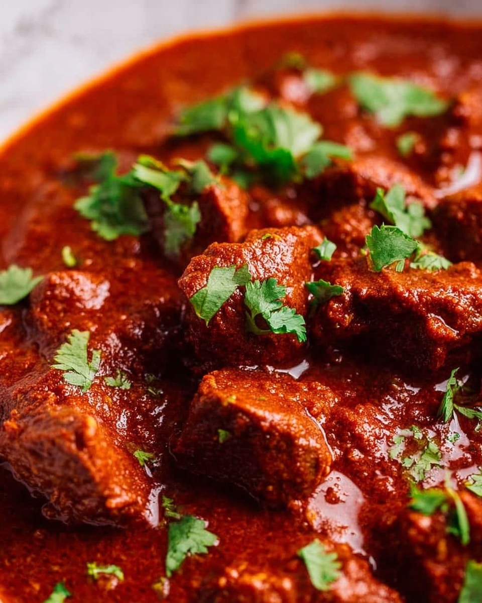 A close-up image shows chunks of meat covered in a thick, rich red sauce with a slightly glossy texture. The sauce has small bits of texture and looks smooth and saucy. Bright green chopped herbs are scattered on top, providing color contrast and a fresh look. The pieces of meat vary in size and are sitting fully coated in the sauce, with some small pools of oil shining on the surface. The background is a white marbled texture. Photo taken with an iphone --ar 4:5 --v 7