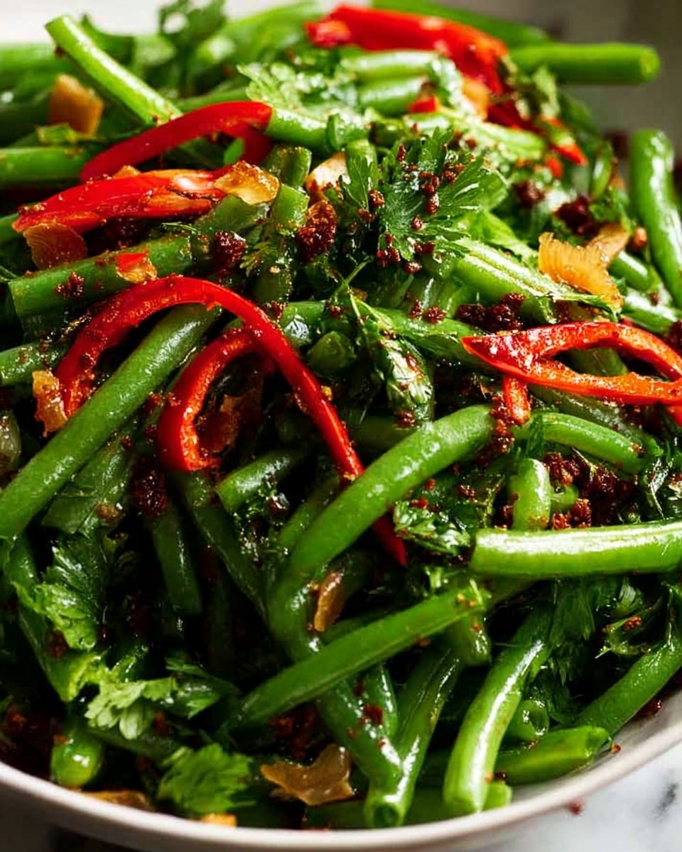 A close-up view of a fresh green bean salad on a white plate, showing several layers: the bottom layer is bright green, glossy green beans with a smooth texture, arranged loosely; scattered on top are thin red bell pepper strips with a shiny, slightly curved surface; fresh green cilantro leaves add a delicate leafy texture throughout; small slices of browned garlic and a few chopped green onions are sprinkled over, giving a crispy contrast; dark brown bits of seasoning are spread lightly across, adding extra detail; the background is a white marbled surface, enhancing the vivid colors of the salad. photo taken with an iphone --ar 4:5 --v 7