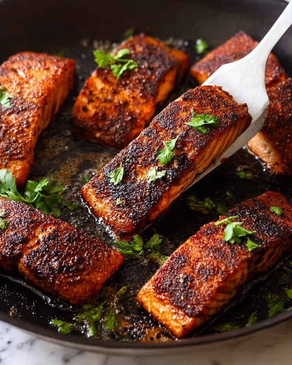 Several pieces of grilled salmon lay close together in a black pan, each piece showing a rich, dark orange-brown crust with visible grill marks and a slightly glossy texture from cooking oil. Small green herbs are scattered on top of the salmon, adding a fresh contrast to the warm colors. A silver spatula is lifting one piece from the pan, highlighting the edges and the flaky texture of the cooked fish. The surface around the salmon is dark and shiny with oil droplets, emphasizing the seared cooking method. The background is a white marbled texture. photo taken with an iphone --ar 4:5 --v 7
