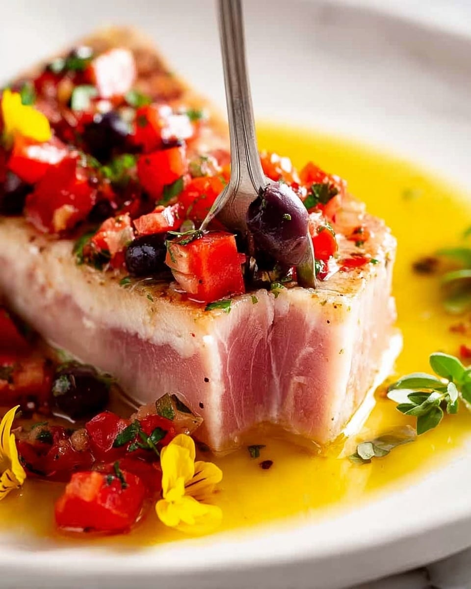 The image shows a slice of seared tuna steak with a pink center and lightly cooked outer edges, placed on a white plate. The bottom layer is a smooth, shiny yellow sauce that spreads across the plate. On top of the tuna are small diced red tomatoes mixed with dark olives and finely chopped green herbs, providing a fresh and colorful contrast. A woman’s hand holding a fork is gently pressing into the tuna, highlighting the tender texture of the fish. Small yellow edible flowers add a delicate touch to the dish. The plate is set on a white marbled textured surface. photo taken with an iphone --ar 4:5 --v 7