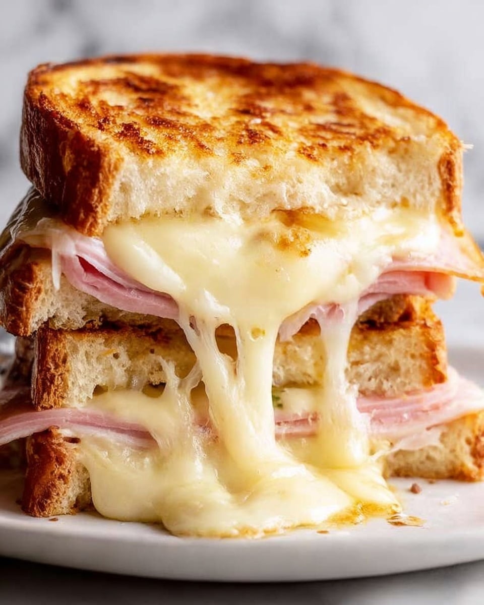 A thick sandwich with three layers, stacked on a white plate, sitting on a white marbled texture. The base layer is a slice of toasted bread with a golden-brown crust and soft interior. On top of this is a layer of light pink ham, covered with thick, melted, creamy white cheese that oozes down the sides. The middle layer is another toasted bread slice, topped with a thick piece of golden-brown cooked chicken or similar meat, also covered generously with melted white cheese flowing over the edges. The top layer is a final toasted bread piece with a golden-brown crust and soft texture, also covered partially by gooey cheese. The sandwich looks rich, soft, and melty, inviting and indulgent. photo taken with an iphone --ar 4:5 --v 7