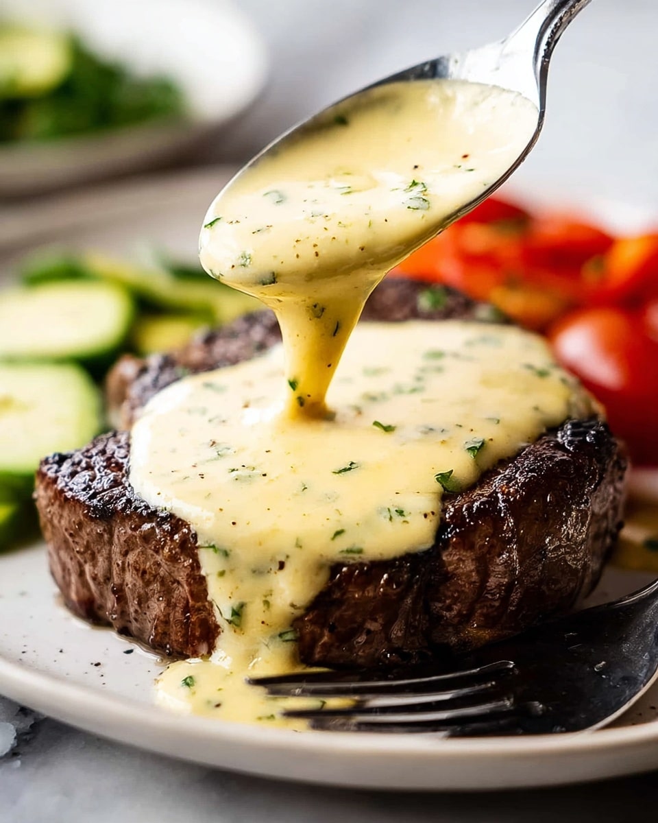A close-up of a dark, grilled steak on a white plate with a thick layer of creamy, pale yellow sauce with green herb specks being poured over it from a spoon, the sauce slowly covering the top and edges of the steak. In the background, blurred colorful mixed vegetables, including red tomatoes and green cucumbers, add contrast. A black knife and fork rest at the bottom left of the plate, which sits on a white marbled surface. photo taken with an iphone --ar 4:5 --v 7