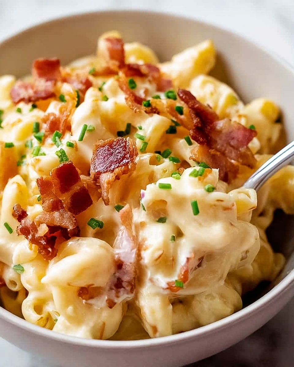 A close-up view of creamy macaroni pasta in a white bowl, showing several layers: the bottom layer is soft, curved elbow macaroni in pale yellow, fully coated with a thick, smooth, white cheese sauce. On top, there are crispy pieces of golden-brown bacon scattered unevenly, adding texture and color contrast. Small, chopped green chives are sprinkled on the surface, giving a fresh pop of green against the creamy pasta. The background is a white marbled texture, with a spoon partially visible, slightly buried in the pasta. Photo taken with an iphone --ar 4:5 --v 7