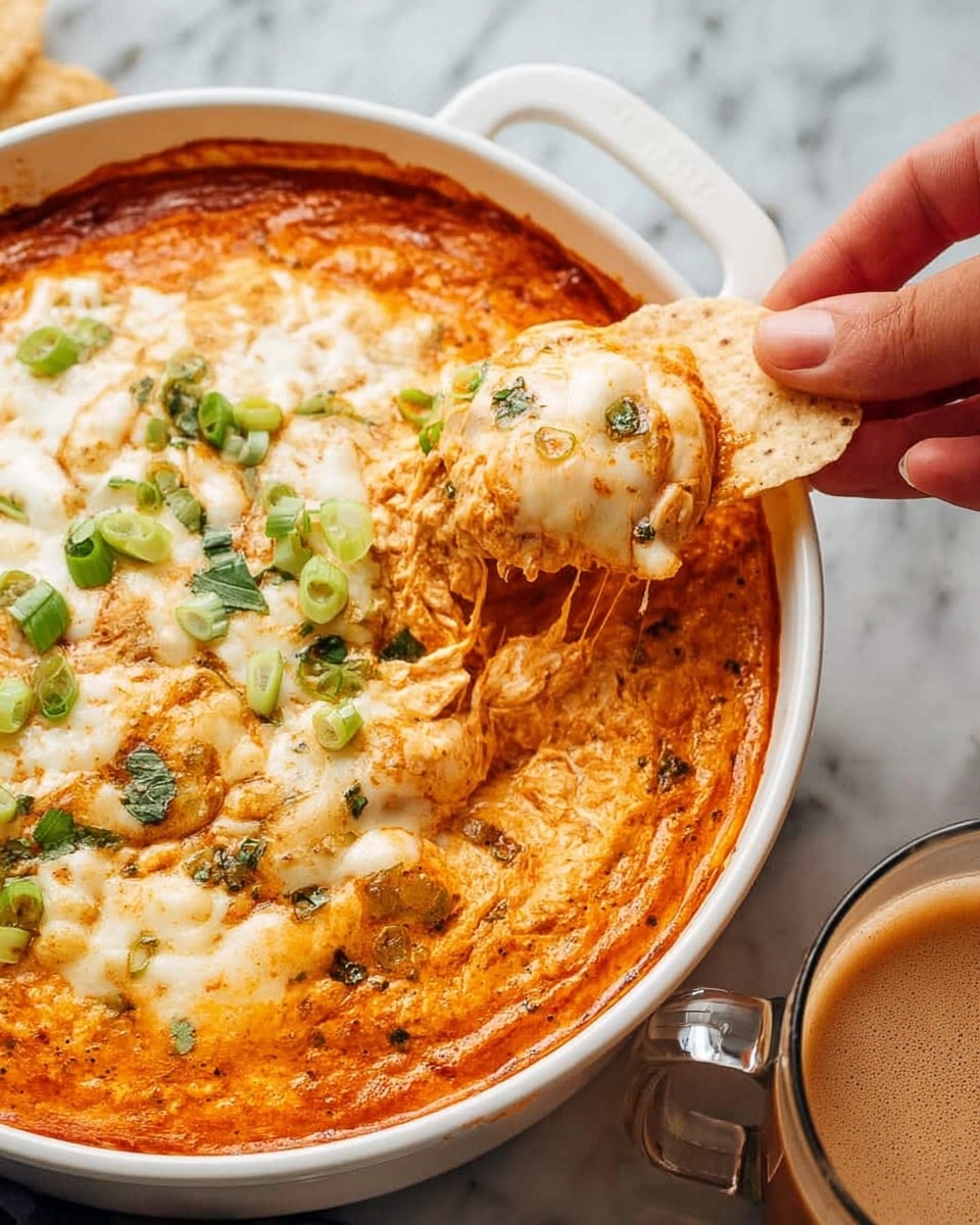 A white baking dish filled with a cheesy dip that has a rich, golden-orange color with melted white cheese on top. The dip shows a creamy texture mixed with small green onion pieces scattered over the surface. A woman's hand is dipping a light tan, slightly crispy chip into the thick, gooey middle layer of this dip, lifting some of it up. The dish sits on a white marbled surface with a soft-focus drink glass visible in the foreground. photo taken with an iphone --ar 4:5 --v 7
