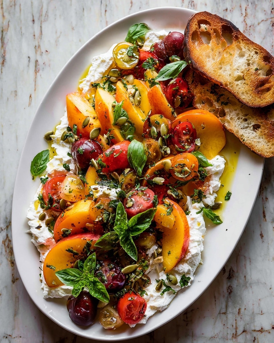 A white oval plate holds a colorful layered salad on a white marbled texture. The base layer has large peach slices with their orange and yellow skin and juicy red centers. On top, there are halved cherry tomatoes and bright red halved cherries scattered across. Among the fruits, dollops of white creamy burrata cheese are placed, some topped with green herbs and toasted seeds that add texture. Fresh green basil leaves are spread throughout, giving a lively contrast. To the left side of the plate, there are two toasted slices of golden bread with a crunchy texture and some sprigs of herbs on top. Photo taken with an iphone --ar 4:5 --v 7