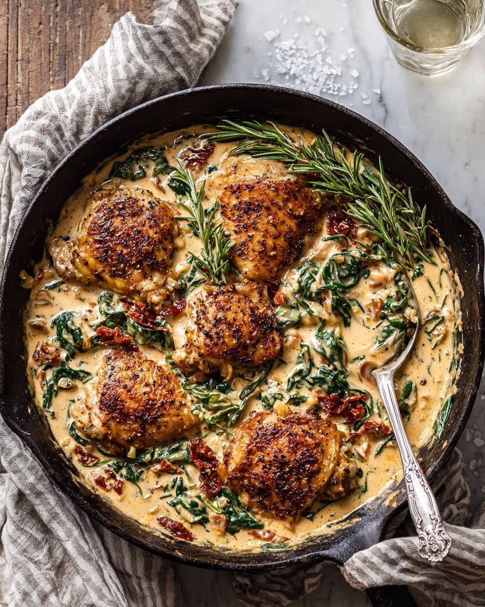The dish is served in a black cast iron pan, placed on a white marbled texture with a light gray cloth underneath. It has five pieces of golden brown, seasoned chicken placed on top of a creamy, light beige orzo pasta that is mixed with green spinach leaves and small bits of sun-dried tomatoes. The orzo has a smooth, thick texture, and the chicken pieces are slightly crispy with visible black pepper seasoning. A sprig of fresh rosemary lies on top of the dish, and coarse salt crystals are sprinkled over the chicken. A silver spoon rests inside the pan on the right side. Photo taken with an iphone --ar 4:5 --v 7