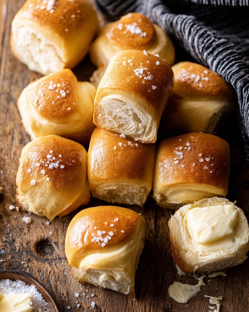 The image shows several small soft bread rolls arranged casually on a wooden surface with a white marbled texture background. The rolls are golden brown on top with some having a light sprinkling of coarse salt crystals. Some rolls have a swirl of creamy white butter or spread on top, while one is torn open to reveal the soft and fluffy inside texture. The rolls are layered in small spirals, and their crust has a warm, slightly shiny finish. A textured gray cloth lies at the top right corner of the image. Photo taken with an iphone --ar 4:5 --v 7