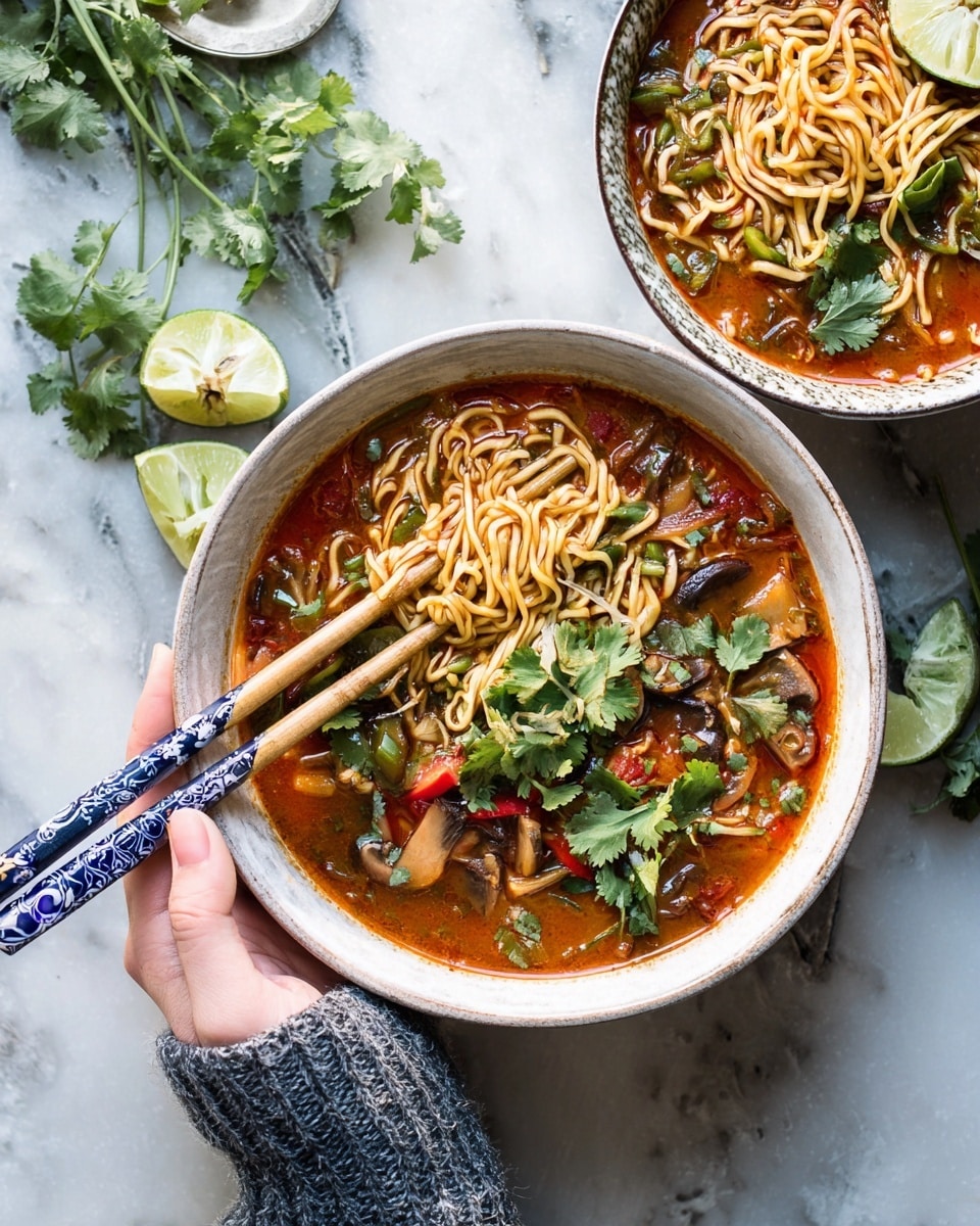 Two bowls of spicy noodle soup sit on a white marbled surface. The bowl at the front is white with a blue floral pattern, held by a woman's hands wearing a gray sweater. Inside the bowl, an orange-red broth fills the space, with noodles twisted in the center held by wooden chopsticks with blue and white floral designs on the ends. Floating in the soup are slices of lime, red pepper pieces, green herbs, and mushrooms, topped with fresh green cilantro. The second bowl, slightly out of focus at the top, is a plain black bowl filled with the same soup and garnished similarly with lime wedges and cilantro, with a pair of wooden chopsticks resting on its edge. A few small cilantro leaves lie scattered beside the bowls. Photo taken with an iphone --ar 4:5 --v 7