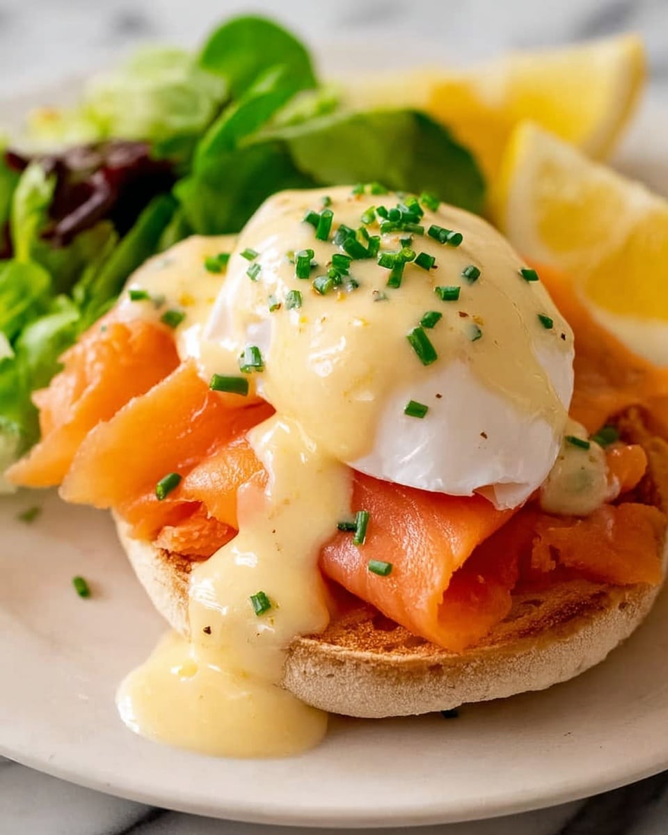 The dish shows two light brown English muffin halves stacked on top of each other as the base. On the muffins, there are several bright orange slices of smoked salmon, layered thickly. Above the salmon rests a soft white poached egg, smooth and slightly glossy. Creamy pale yellow hollandaise sauce is draped over the egg, dripping down the sides, topped with small chopped green chives. On the side, fresh green leafy lettuce and wedges of lemon with yellow rind add color, all placed on a white plate set on a white marbled surface. photo taken with an iphone --ar 4:5 --v 7