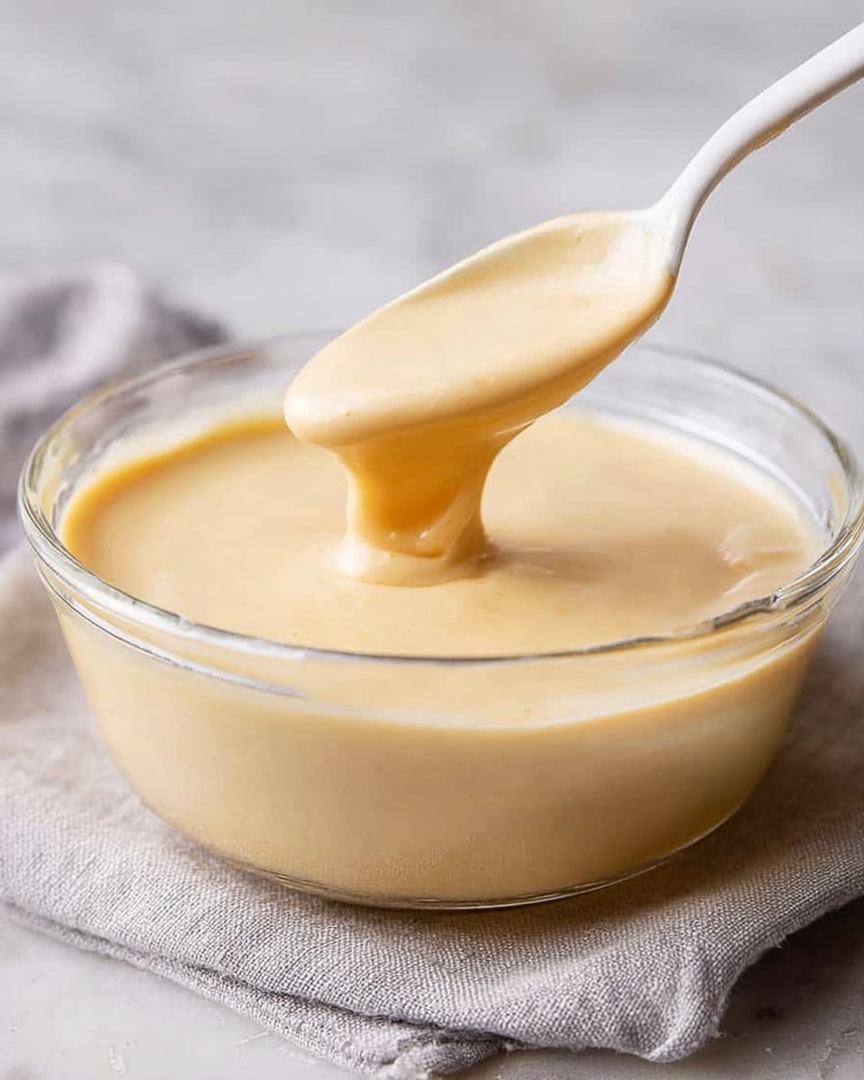 A close-up view of a smooth, thick, creamy sauce or batter in a clear glass bowl. A wooden spoon is lifting some of the mixture, showing off its rich, pale beige color with a soft, velvety texture. The bowl is placed on a white marbled surface. photo taken with an iphone --ar 4:5 --v 7
