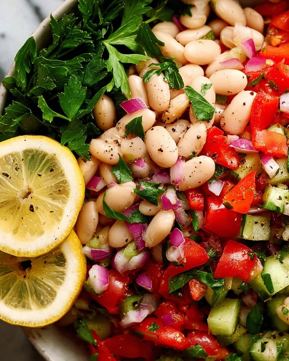 The image shows a close-up of a colorful bean salad in a white bowl on a white marbled surface. The salad has several layers: the base layer consists of chopped green leafy herbs, followed by creamy white beans scattered evenly. Bright red chopped tomatoes and small cube pieces of light green cucumber add vibrant touches throughout. There are also pieces of purple onion mixed evenly in the salad. Two thin lemon slices with visible seeds rest on the top left side, adding a bright yellow contrast. The entire dish is sprinkled with black pepper flakes, adding small dark specks across the surface. The photo is taken with an iphone --ar 4:5 --v 7