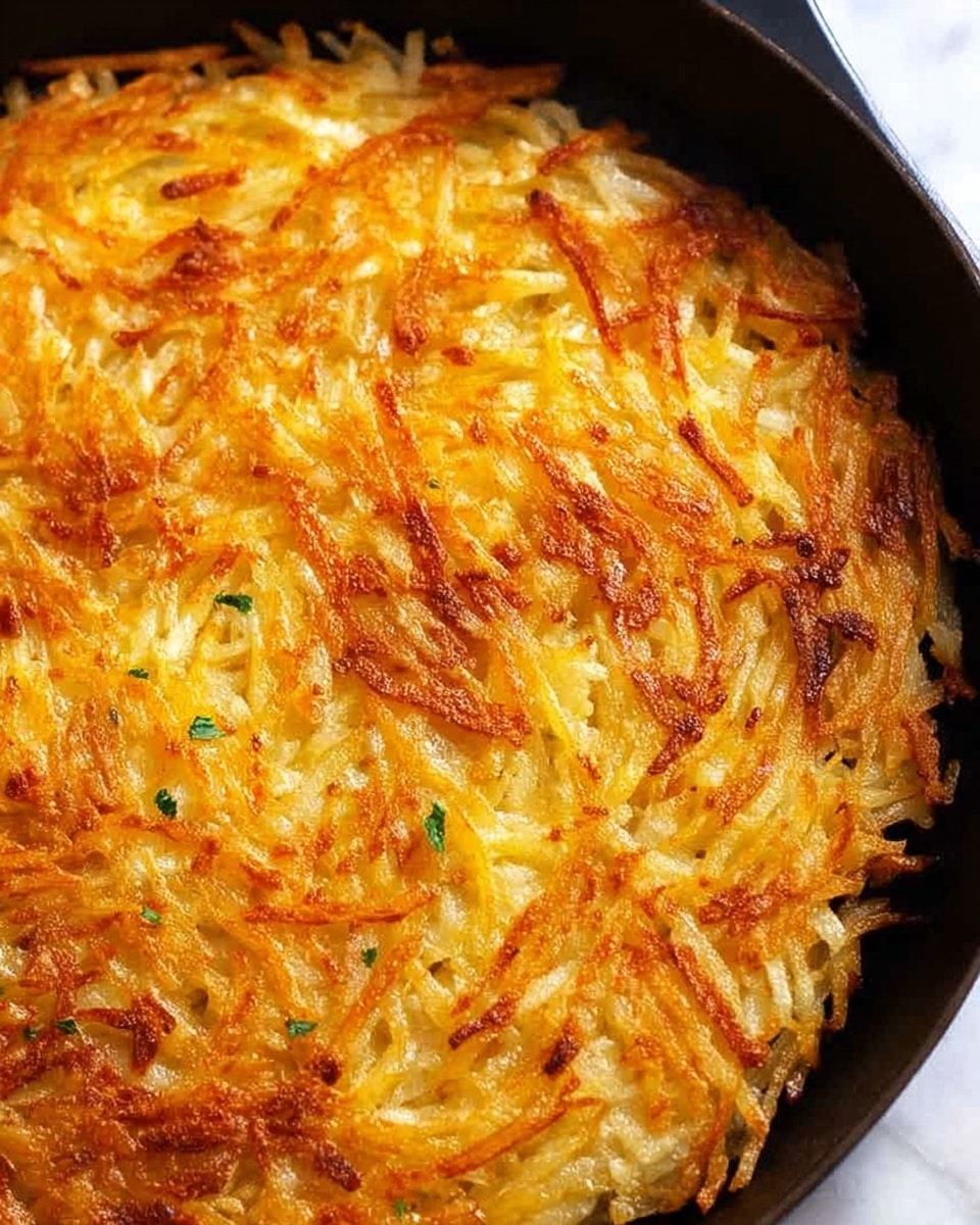 A close-up view of a golden-brown hash brown cooked in a black pan, showing a mix of crispy and soft shredded potatoes that form a slightly irregular round shape. The surface has a crunchy texture with strands of potato in various shades of yellow and light brown, some darker and crispy spots scattered around. The black pan frames the hash brown, making its warm colors pop against the dark background, with a small blurred detail of green garnish and lemon slices in the background. The scene is set on a white marbled surface. photo taken with an iphone --ar 4:5 --v 7