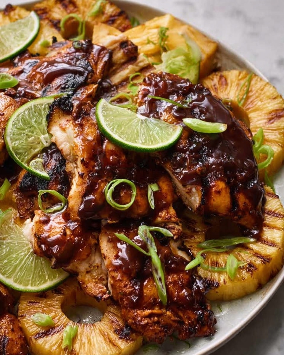 The image shows a close-up of grilled chicken thighs covered in a shiny, dark brown glaze with a slightly charred texture, stacked over thick, golden-brown grilled pineapple rings with grill marks, all arranged on a white surface with a white marbled texture. Bright green slices of lime sit on top and between the chicken pieces, adding a fresh pop of color. Scattered finely chopped green onions are sprinkled over the chicken and pineapple, enhancing the vivid contrast and texture of the dish. Photo taken with an iphone --ar 4:5 --v 7