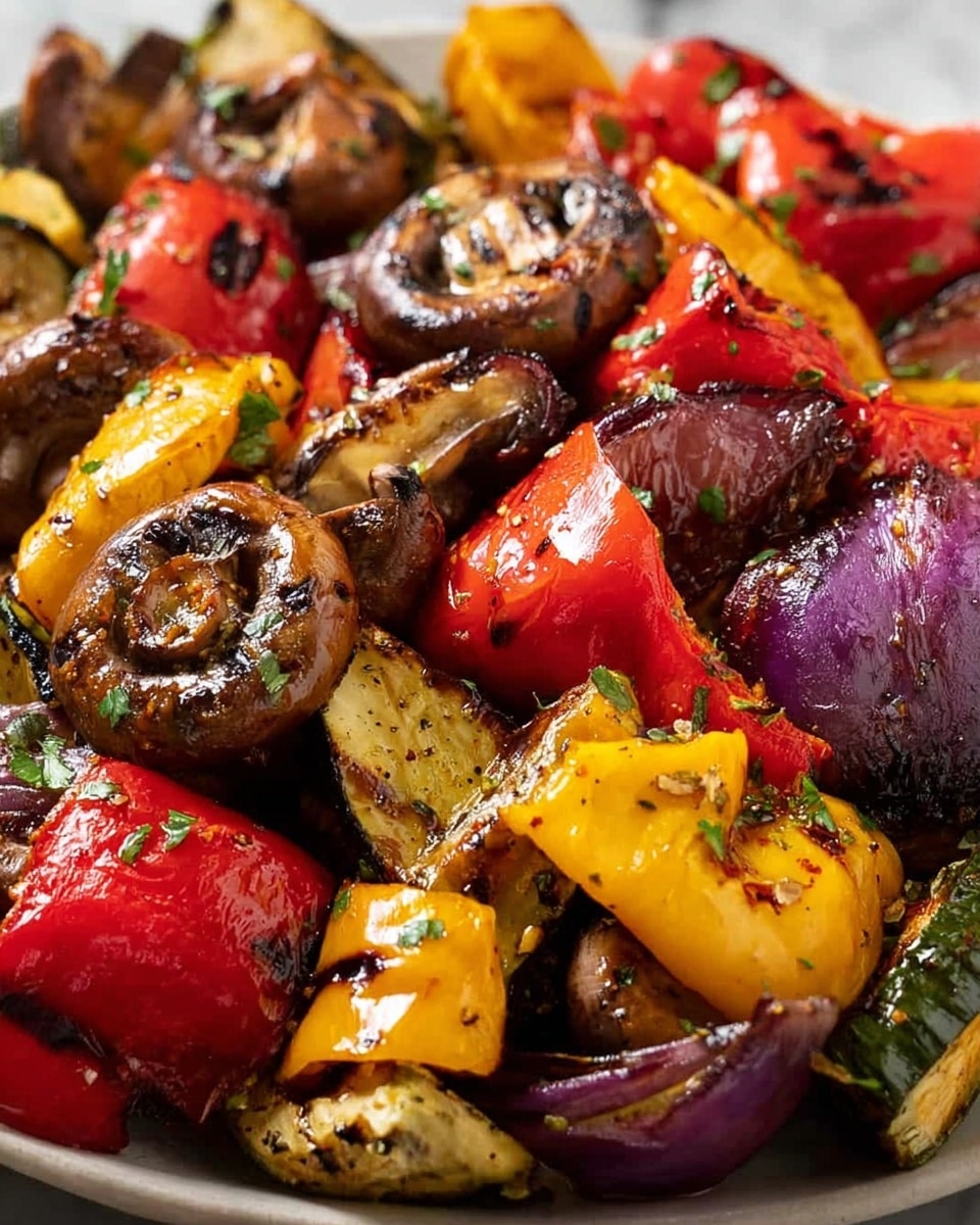 The image shows a close-up of grilled vegetables on a white marbled surface, featuring multiple layers of colorful ingredients. The bottom layer has dark purple eggplant slices with visible char marks and a shiny, juicy texture. Above that are chunks of bright yellow and red bell peppers, also with grill marks and a slightly soft, cooked look. Whole brown mushrooms with a glossy seasoning coat appear on top, surrounded by strips of red onion with slightly softened edges. The vegetables are sprinkled with fresh green herbs, adding contrast and freshness to the rich, smoky colors. photo taken with an iphone --ar 4:5 --v 7