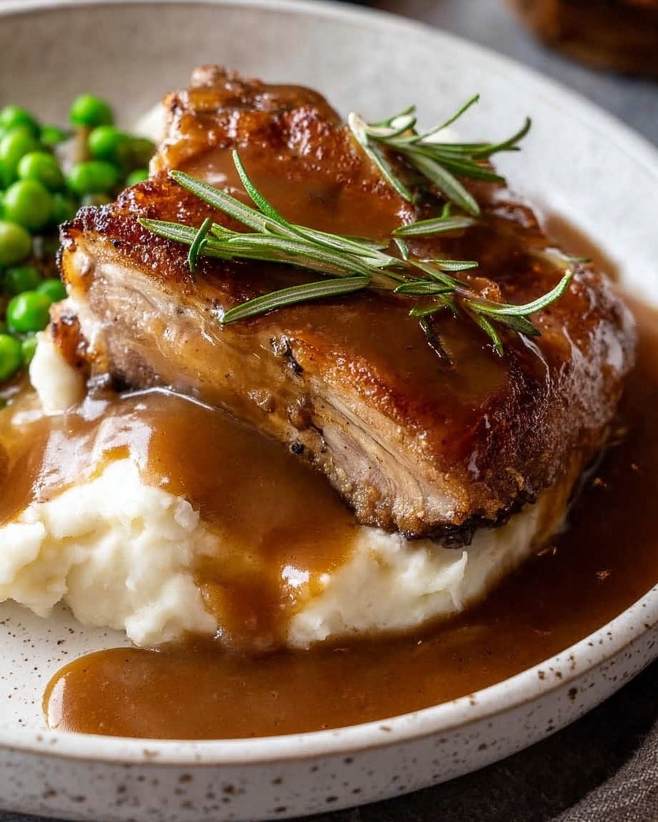 The dish shows a scoop of smooth, white mashed potatoes layered at the bottom with brown, grilled pork chop sitting on top. The pork chop has a charred texture with grill marks and is covered with a thick, glossy brown gravy that drips over the sides. A sprig of rosemary and some green peas are placed near the edges, adding a fresh touch. All is served on a white plate set on a white marbled surface. photo taken with an iphone --ar 4:5 --v 7