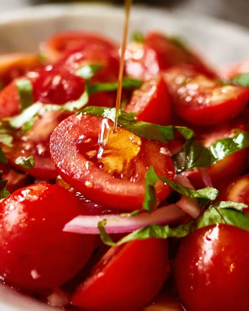 The image shows a close-up of a fresh salad made of bright red cherry tomatoes cut in half, with thin green basil strips scattered on top. A light golden liquid, likely dressing, is being poured over the tomatoes, adding a shiny texture to the juicy surface. The overall look is vibrant with the red tomatoes dominating the scene and green basil adding contrast, all set against a blurred white marbled background. photo taken with an iphone --ar 4:5 --v 7