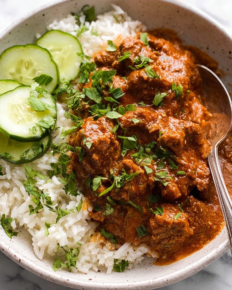 A white bowl holds a dish with three main layers. The bottom layer is fluffy white rice, topped with a thick, rich brown curry sauce that covers tender chunks of meat. Fresh, green cilantro leaves are sprinkled over the sauce, adding a bright color contrast. On one side, thinly sliced cucumber rounds with some seasoning rest neatly against the curry. A silver spoon is partially visible, scooping some of the curry. The bowl rests on a white marbled surface. Photo taken with an iphone --ar 4:5 --v 7