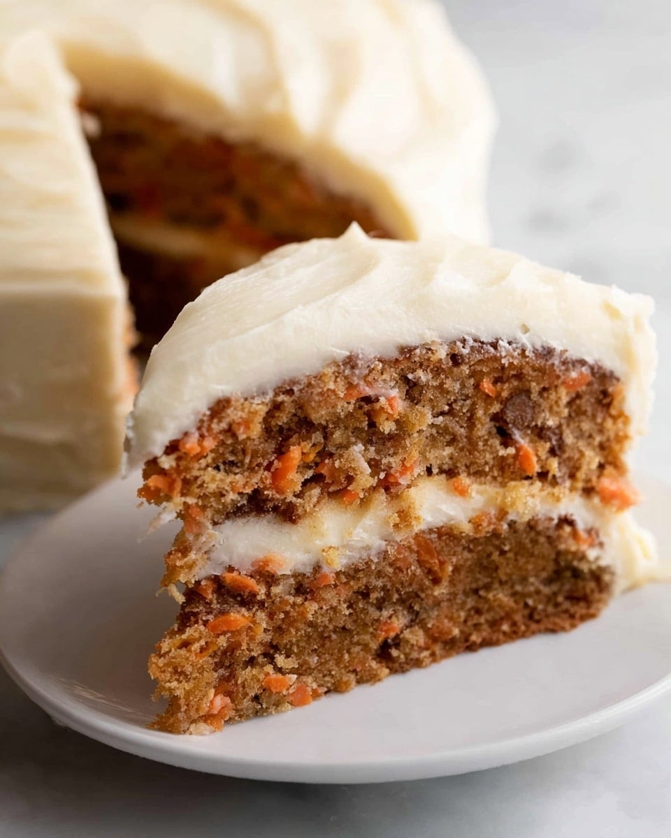 The image shows a close-up of a two-layer carrot cake slice on a white plate, with creamy light beige frosting covering the top and sides. The cake layers have a moist texture with visible bits of carrot and nuts, with a thick layer of smooth frosting in between the two cake layers. The white plate rests on a white marbled surface, and a woman's hand is holding a cake server lifting one slice. There are a few crumbs on the plate near the cake slice. photo taken with an iphone --ar 4:5 --v 7