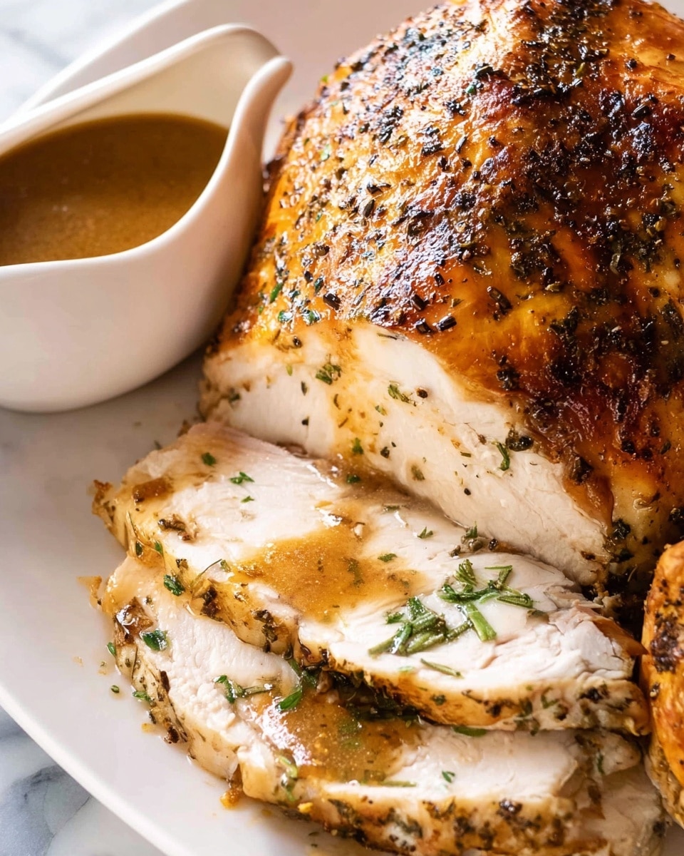 A close-up view of a white plate holding several slices of roasted turkey breast with golden-brown, crispy skin seasoned with black pepper and herbs. The turkey meat is white and juicy with visible texture, while some pieces have a smooth layer of rich, brown gravy drizzled over them. On the side, there is a white gravy boat filled with thick, smooth brown gravy. The plate rests on a white marbled textured surface. photo taken with an iphone --ar 4:5 --v 7
