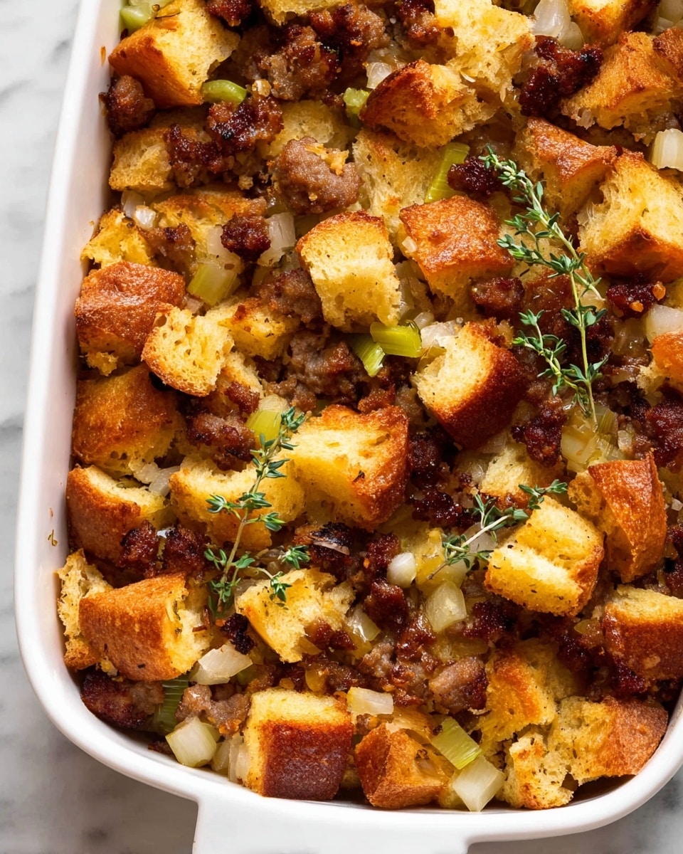 The image shows a close-up of a white baking dish filled with savory stuffing. The stuffing has large, golden-brown toasted bread cubes with a slightly crispy texture. Mixed between the bread pieces are smaller bits of browned sausage, light yellow diced onions and celery, and fresh green thyme leaves scattered throughout. The dish has a warm, rich color palette of golden browns and soft yellows with pops of green for contrast. It looks moist but with crisp edges on the bread cubes. The photo is taken with an iphone --ar 4:5 --v 7